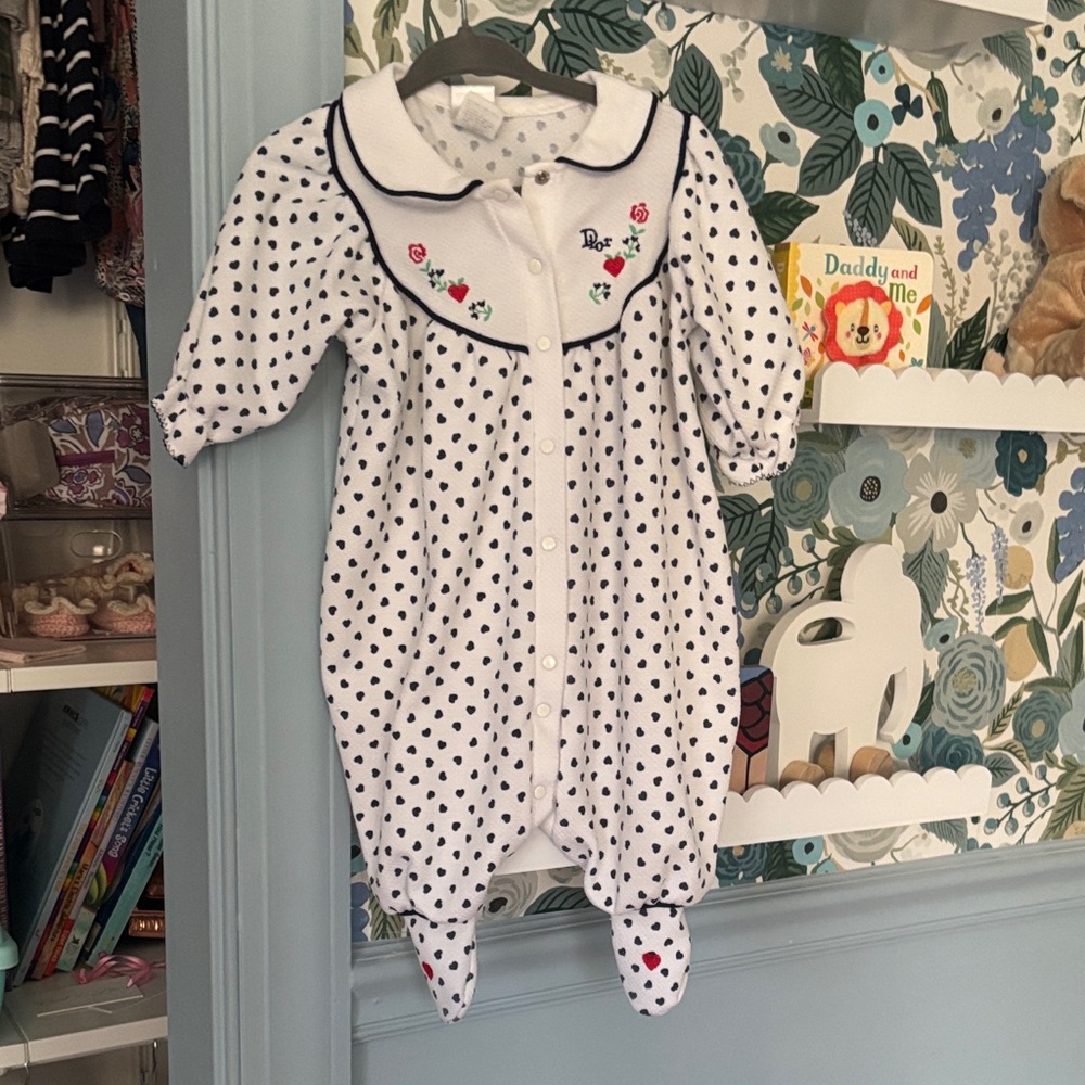White and Navy Heart Polka Dot Baby Footie
